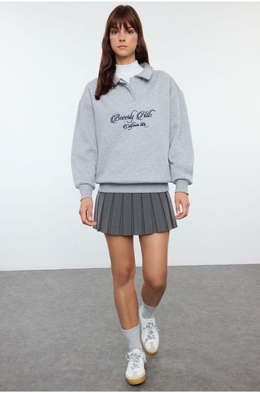 Gray Melange Shirt Collar Embroidered Regular Fit Thick Inside Fleece Knitted Sweatshirt