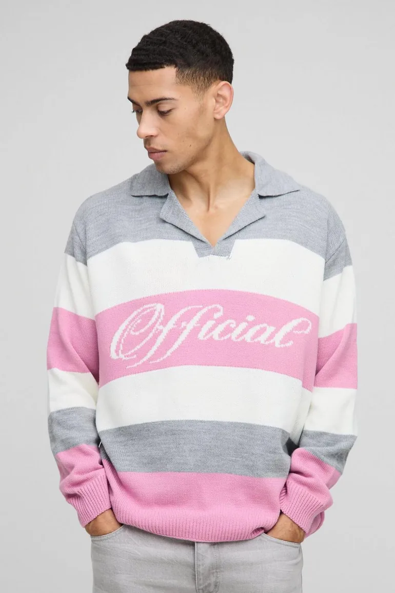 Oversized Revere Collar Knit Polo Jumper - pink