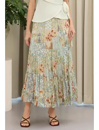 Patchwork Botanical Crinkled Chiffon Maxi Skirt in Moss Green for Outdoor Markets & Resort Getaways - 2