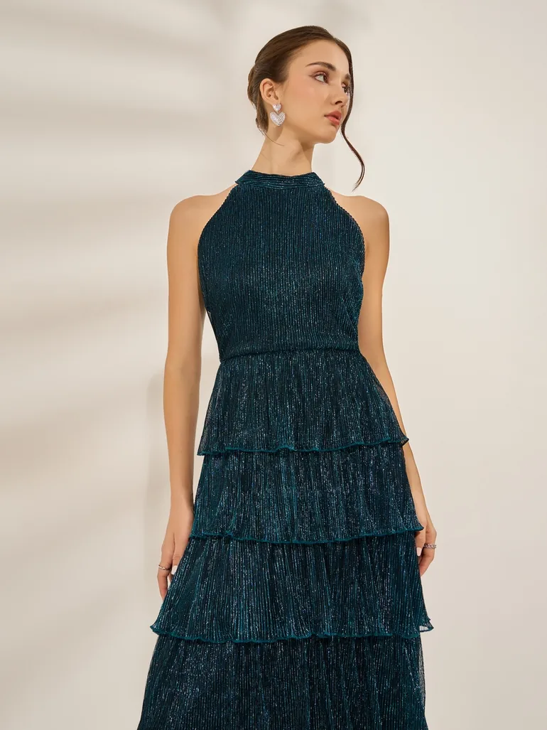 Teal Shimmer Sleeveless Tiered Midi Dress - 2