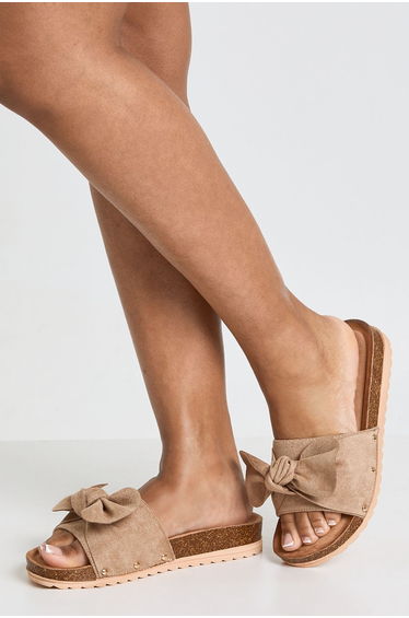 Faux Suede Oversized Bow Footbed Sliders - taupe