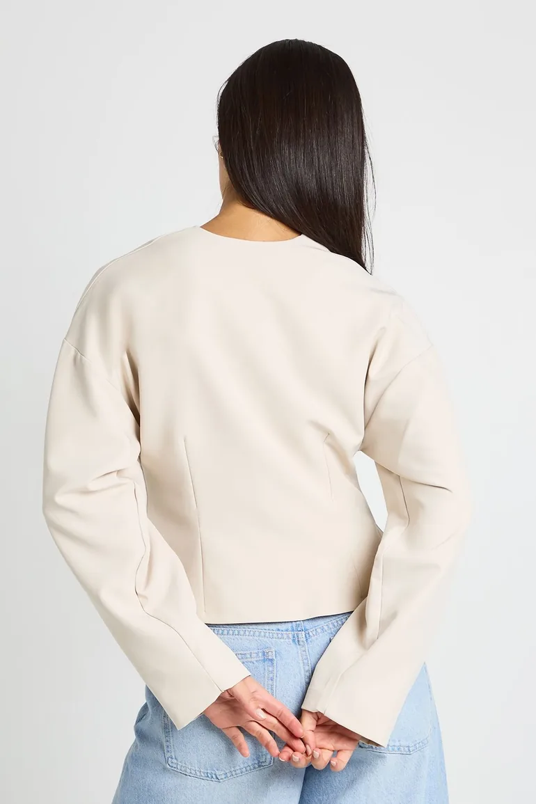 Gold Button Long Sleeve Wrap Top - ecru - 2