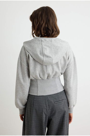 Gray Melange Thick Non-Embroidered Waist-Fitted Hooded Zippered Knitted Cardigan/Sweatshirt product thumbnail 4
