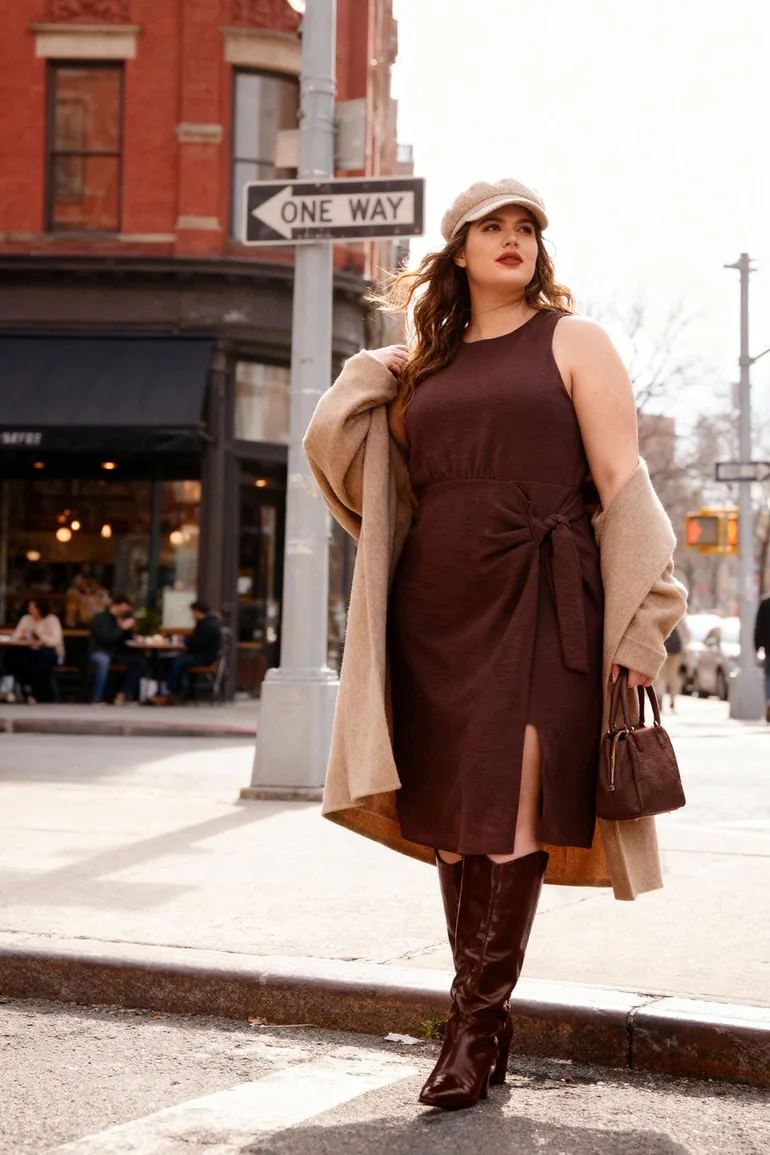 Brown Flannel Woven Plus Size Dress - 2