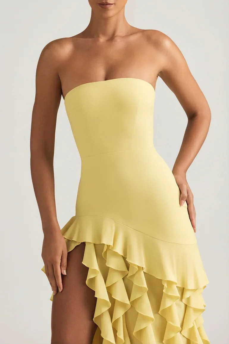 Ruffle-Trim Strapless Gown in Pastel Yellow - 3