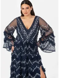 Maya Navy Fully Embellished Maxi Dress With Frill Detail - 6