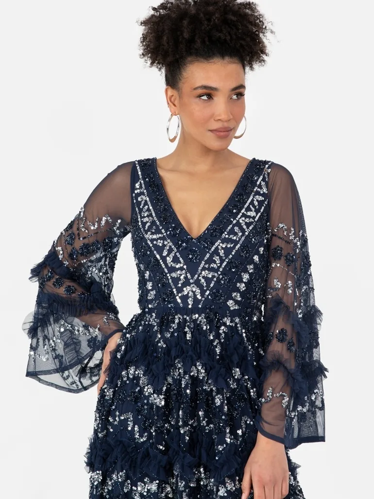 Maya Navy Fully Embellished Maxi Dress With Frill Detail - 2