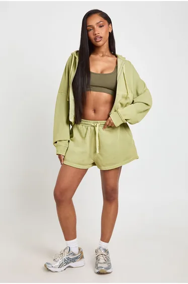 Washed Loopback Elasticated Hem Zip Through Hoodie - pistachio