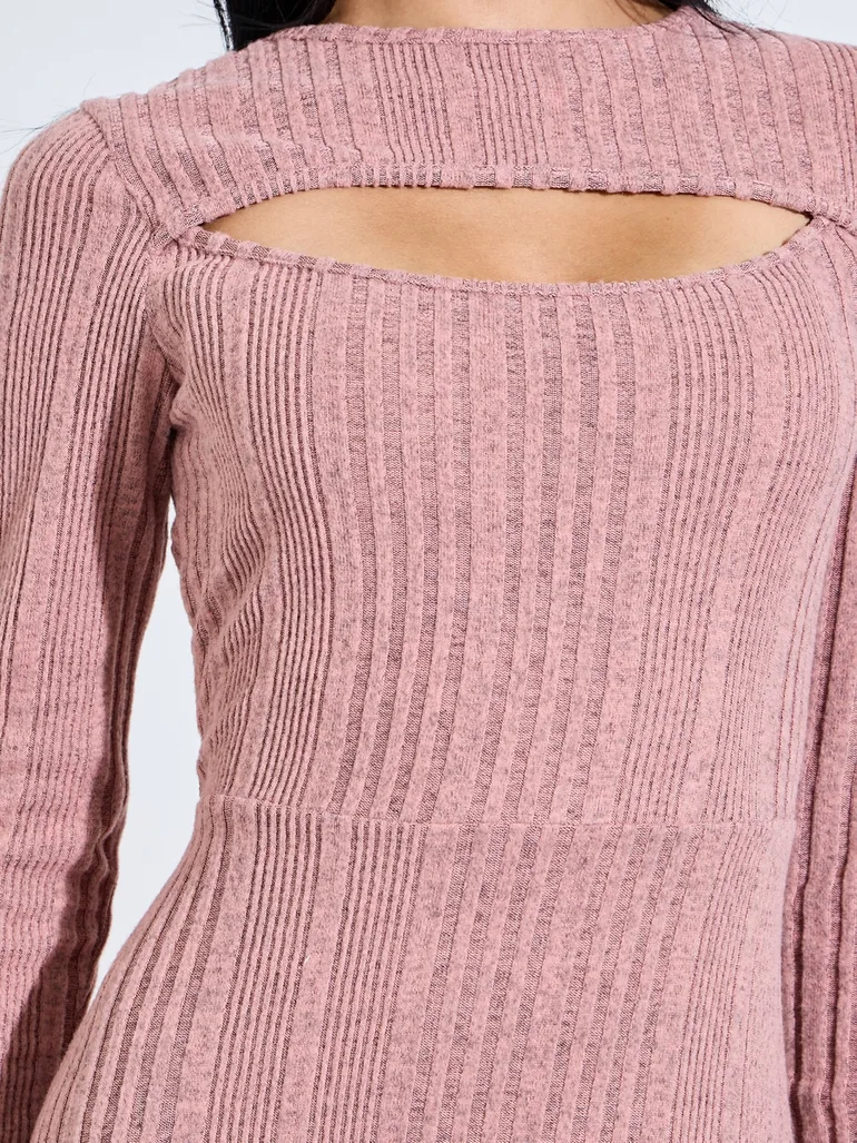 Pink Ribbed Knit Midi Dress with Cutout - 3