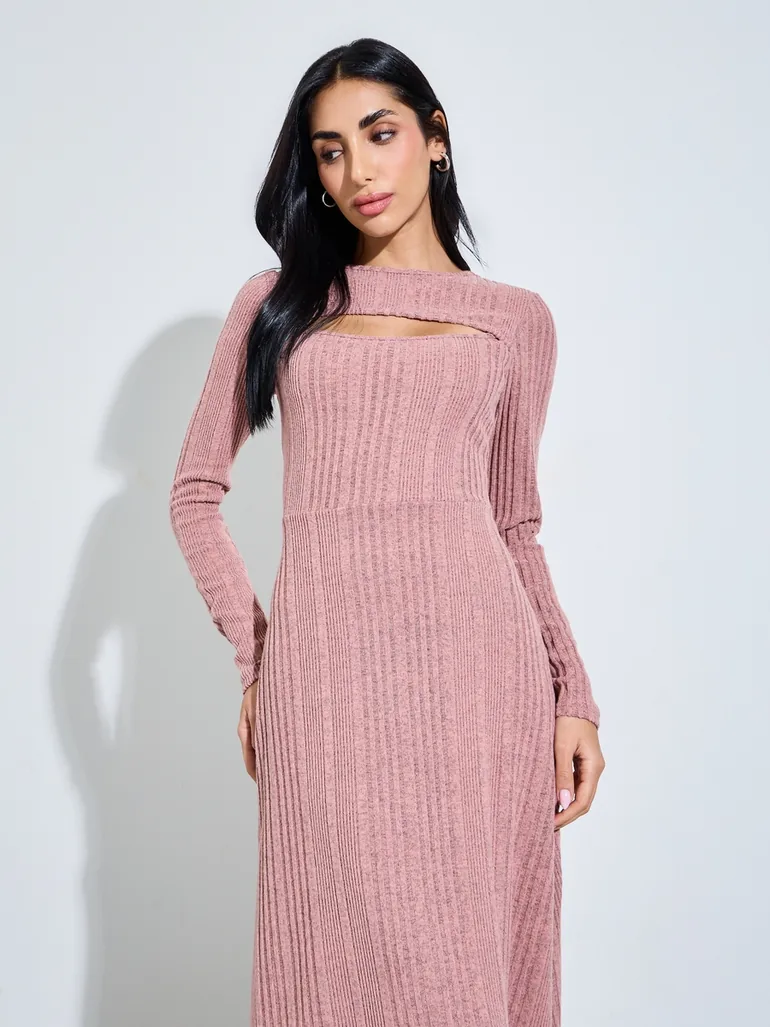 Pink Ribbed Knit Midi Dress with Cutout - 1