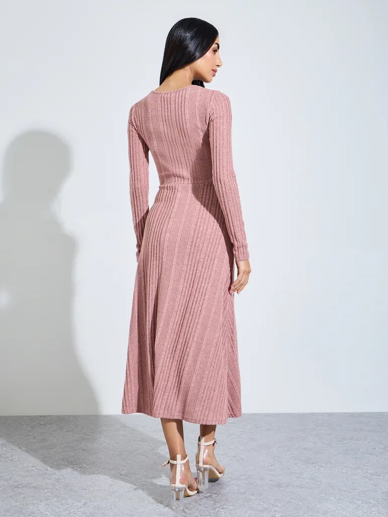 Pink Ribbed Knit Midi Dress with Cutout - 4