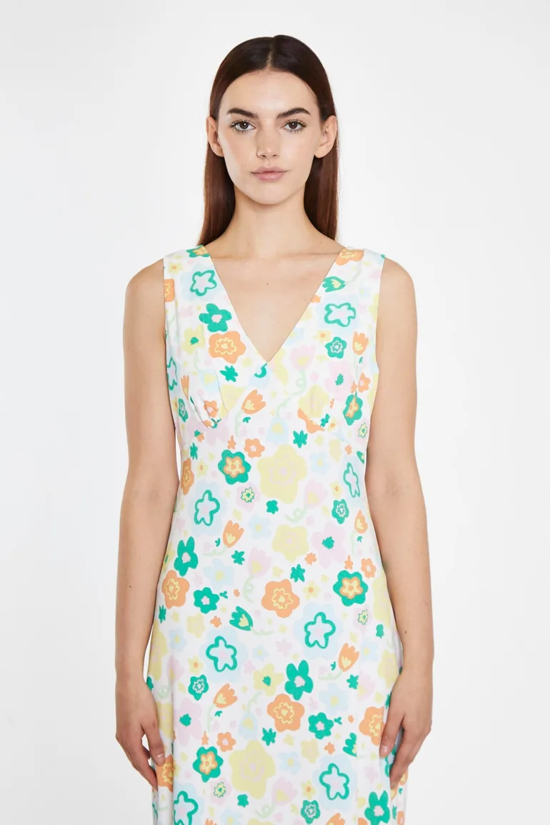 Retro Spring-Floral V-Neck Bias-Cut Maxi-Dress - 2