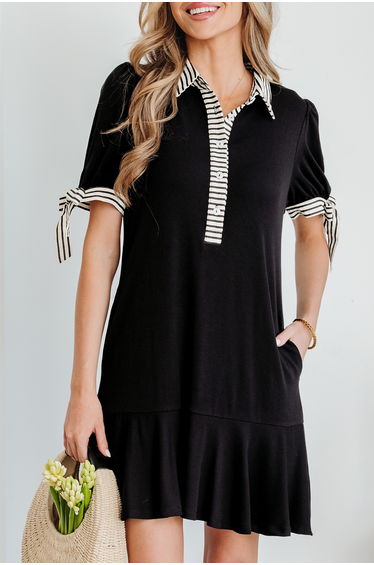 Lvness Black Stripe Detail Polo Collar Half Buttons Tied Short Sleeve Shift Mini Dress product thumbnail 2