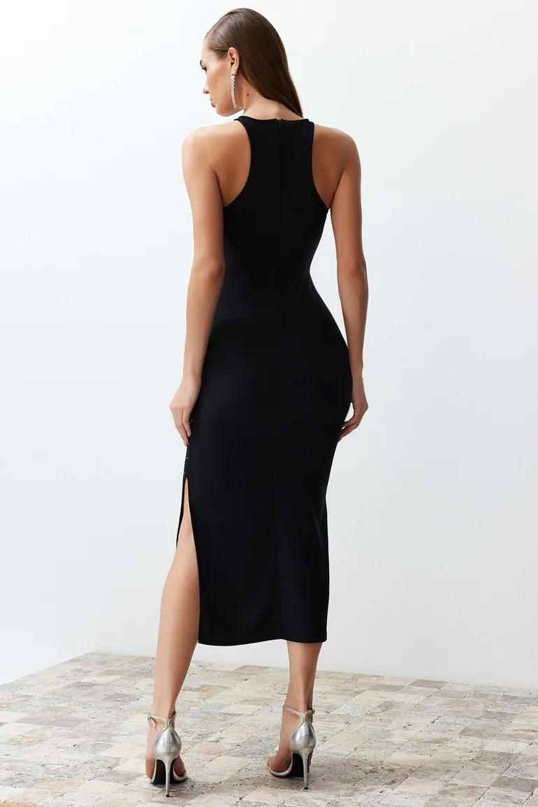 Black Fitted Shiny Jewelled Elegant Evening Dress - 4