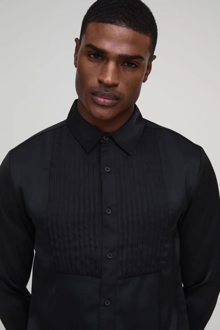 Oversized Boxy Satin Tuxedo Shirt - black - 2