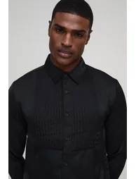 Oversized Boxy Satin Tuxedo Shirt - black - 2