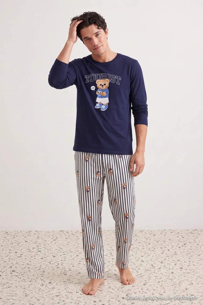 Navy Blue Regular Striped Teddy Bear Patterned Knitted Pajama Set - 1