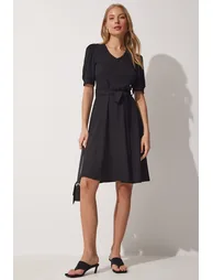Women's Black V Neck Belted Flared Knitted Dress - 3
