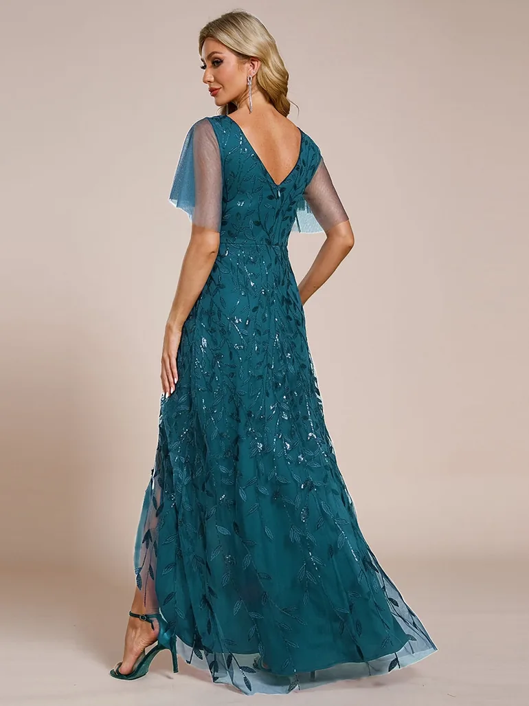 ever ALIX|Short Sleeves Sequin High Low V-Neck Midi Formal Evening Dress - 1