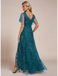 ever ALIX|Short Sleeves Sequin High Low V-Neck Midi Formal Evening Dress - 1