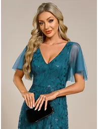 ever ALIX|Short Sleeves Sequin High Low V-Neck Midi Formal Evening Dress - 2