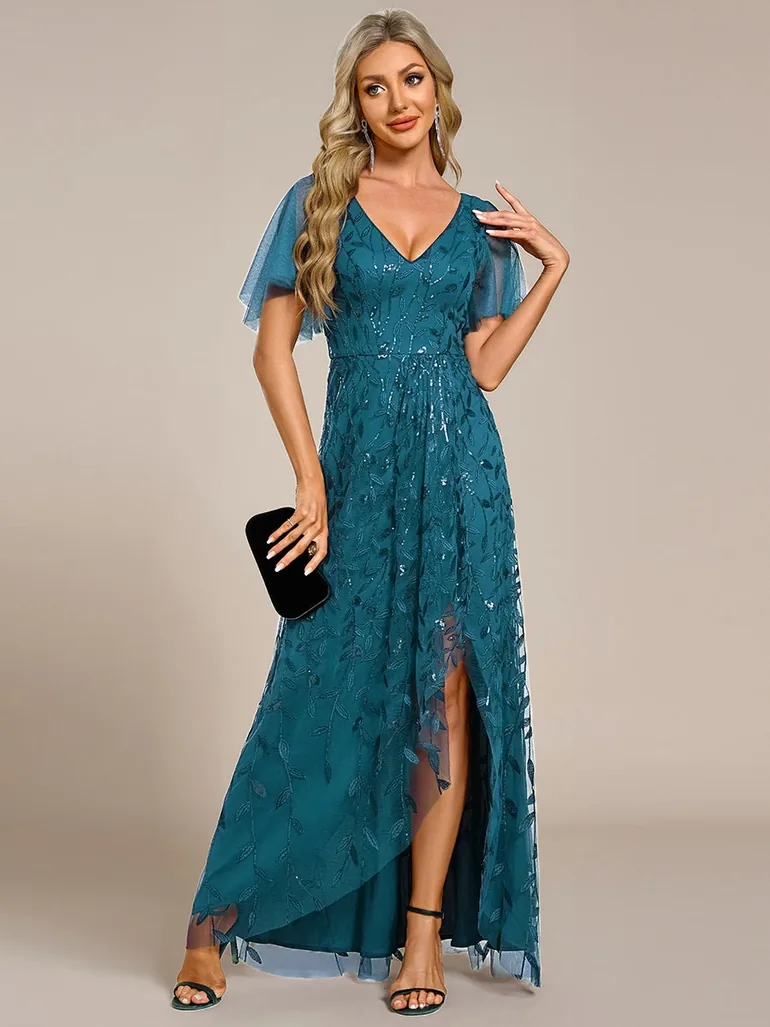 ever ALIX|Short Sleeves Sequin High Low V-Neck Midi Formal Evening Dress - 4