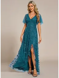 ever ALIX|Short Sleeves Sequin High Low V-Neck Midi Formal Evening Dress - 3