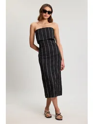 Textured Pinstripe Bandeau Tailored Midi Dress