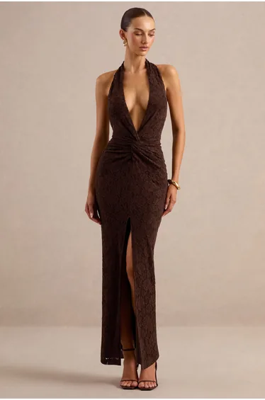 Ocealla | Brown Plunge-Neck Maxi Dress With Gathered-Detailing