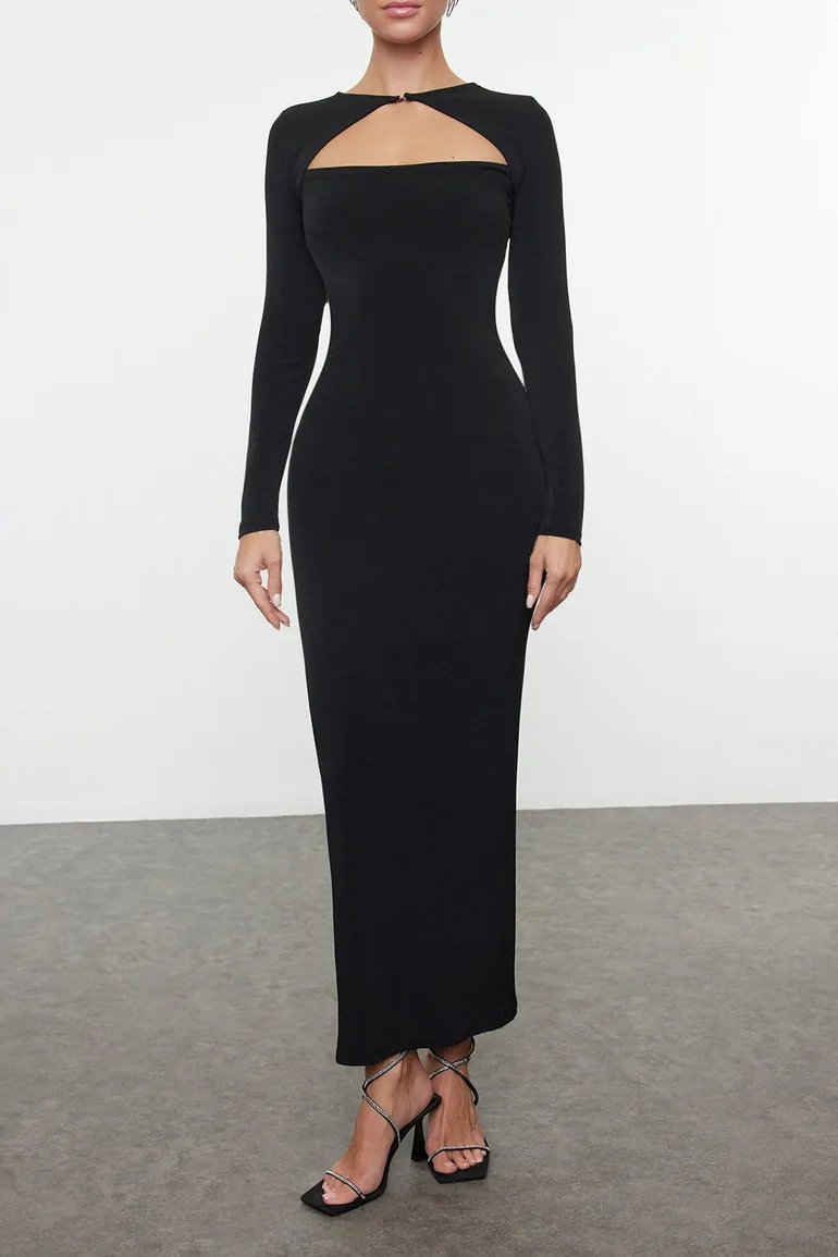 Black Cut Out/Window Detailed Knitted Chic Evening Dress - 1
