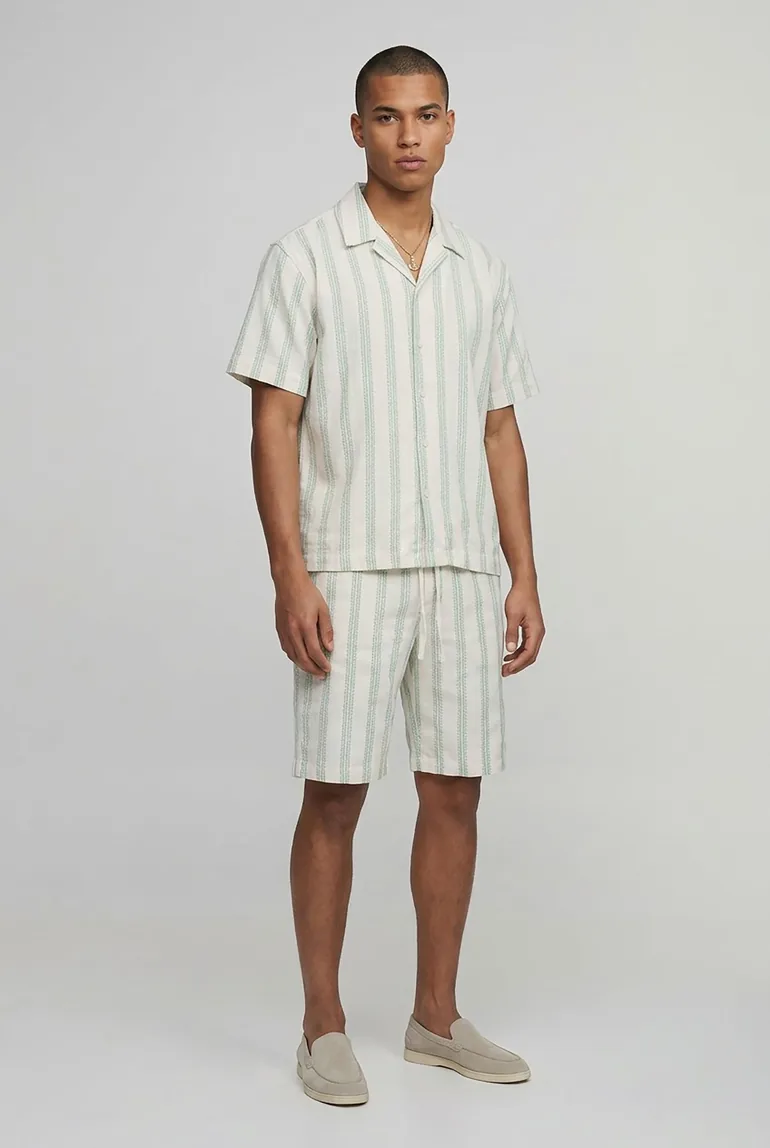 Embroidered Stripe Line Oversized Shirt & Baggy Short Set - sage