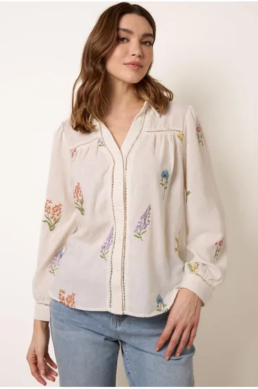 Long Sleeve Embroidered Button Front Blouse
