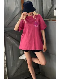 Pink Back Printed Oversize Round Neck Women's T-Shirt - 2