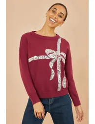 Yumi Burgundy Sequin Bow Knitted Jumper - 3