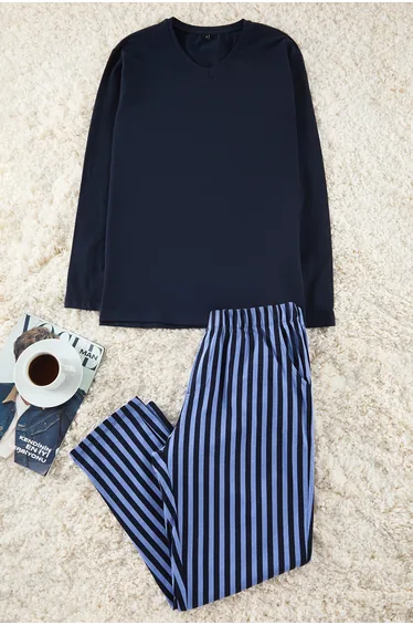 Navy Blue Regular Fit 100% Cotton Striped Knitted Pajamas Set