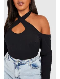 Plus Cross Over Cold Shoulder Rib Top - black - 3