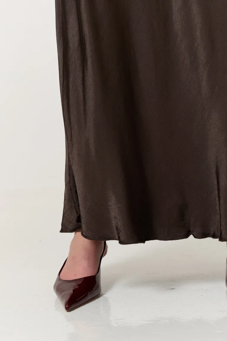 Chocolate Brown Satin Maxi Skirt - 6