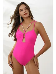 Hot Pink Beaded Trim Cut Out Swimsuit