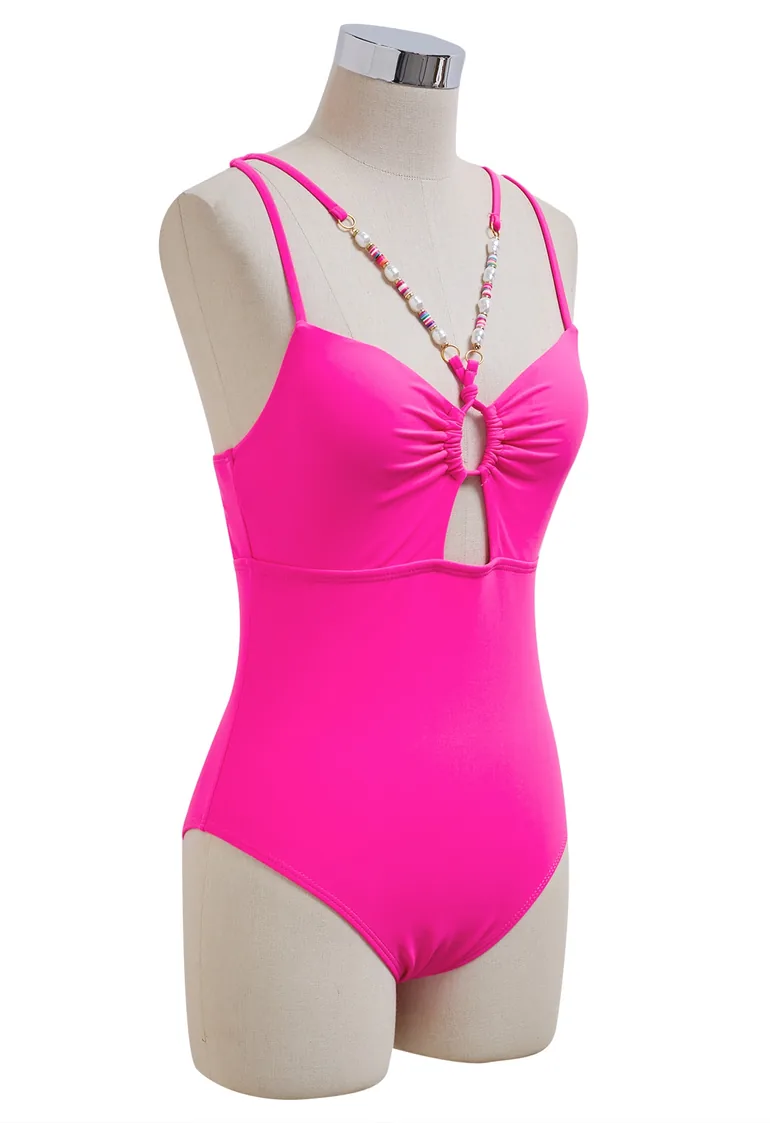 Hot Pink Beaded Trim Cut Out Swimsuit - 10