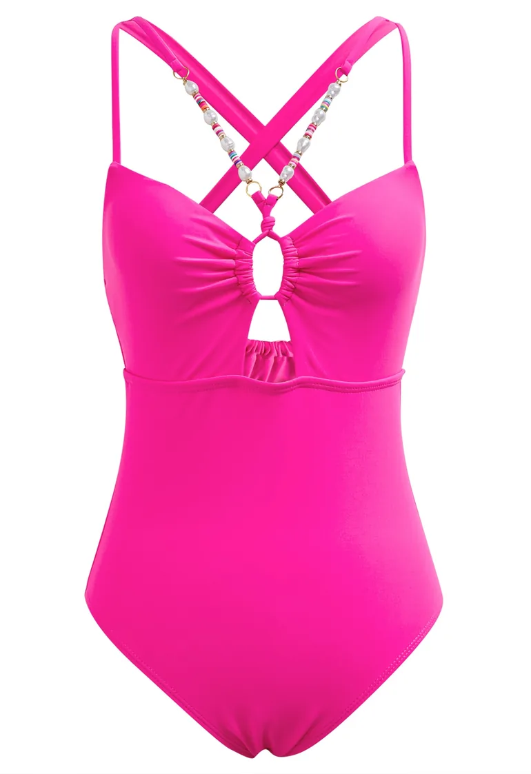 Hot Pink Beaded Trim Cut Out Swimsuit - 3