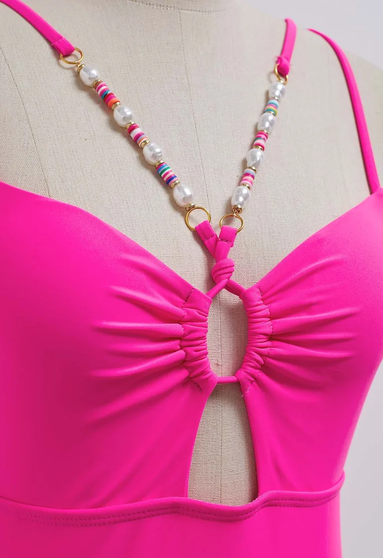 Hot Pink Beaded Trim Cut Out Swimsuit - 5