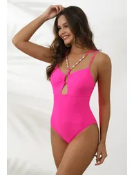 Hot Pink Beaded Trim Cut Out Swimsuit - 1
