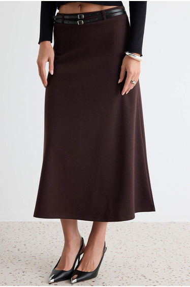 Brown A-Line/A-Line Form Belted Midi Length Thick Interlock Knitted Skirt product thumbnail 3