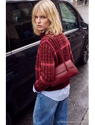 Fuchsia Thick Soft Plaid High-Neck Knitwear Cardigan - 2