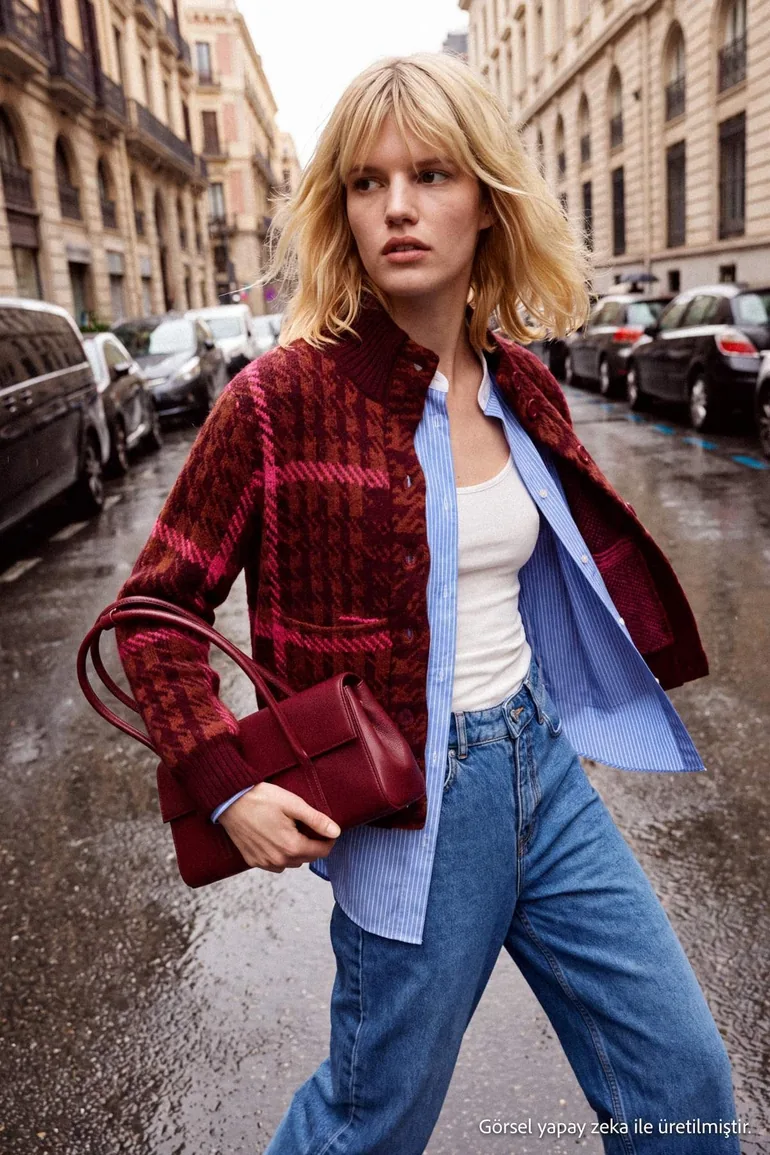 Fuchsia Thick Soft Plaid High-Neck Knitwear Cardigan