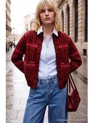 Fuchsia Thick Soft Plaid High-Neck Knitwear Cardigan - 1