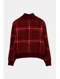 Fuchsia Thick Soft Plaid High-Neck Knitwear Cardigan - 5