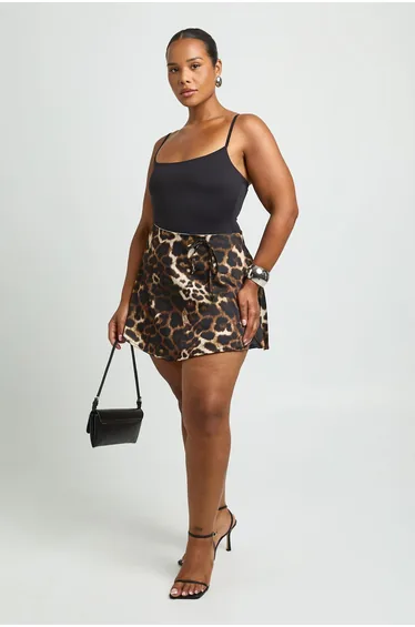 Plus Satin Leopard Print Tie Side Skort - brown