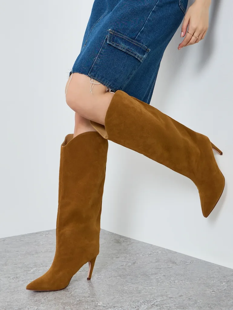 Women Tan Suede Knee High Boots