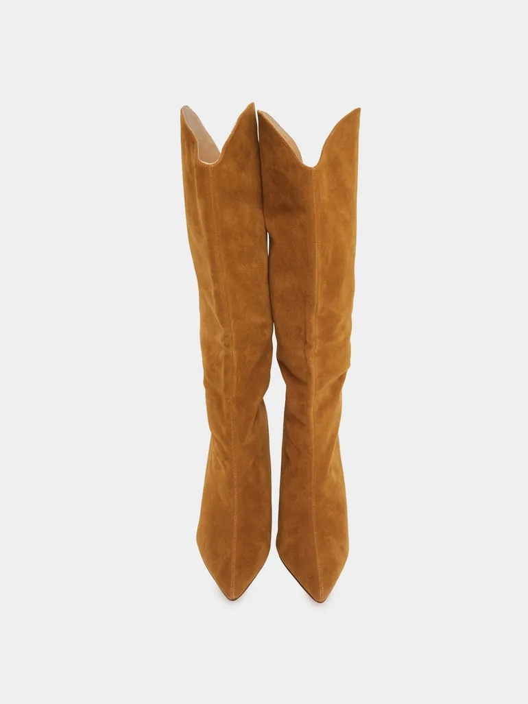 Women Tan Suede Knee High Boots - 5